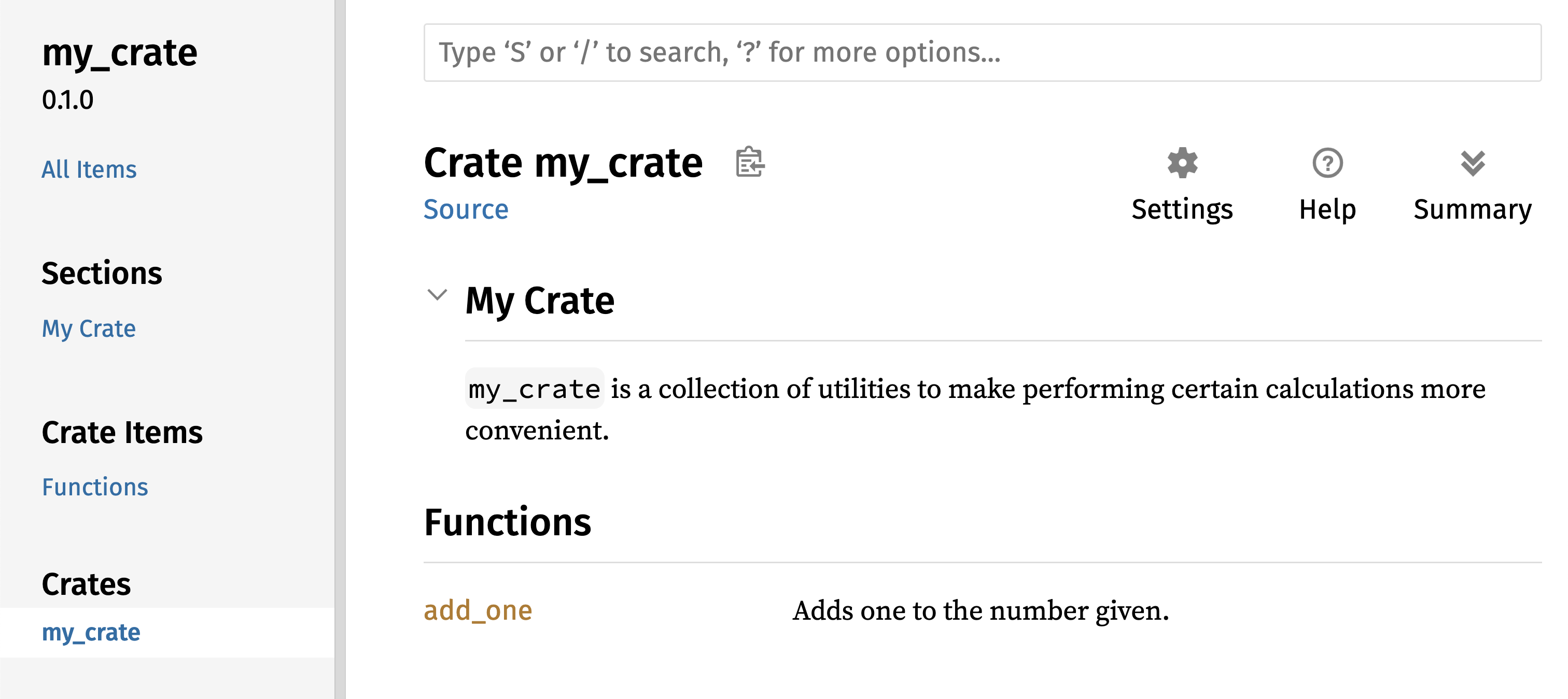 Figure 14-2: The rendered documentation for my_crate, including the comment describing the crate as a whole